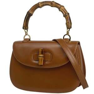 Gucci Bamboo Handbag, 2-Way Shoulder Bag, Bamboo, Old 000010633, Leather, Bro...